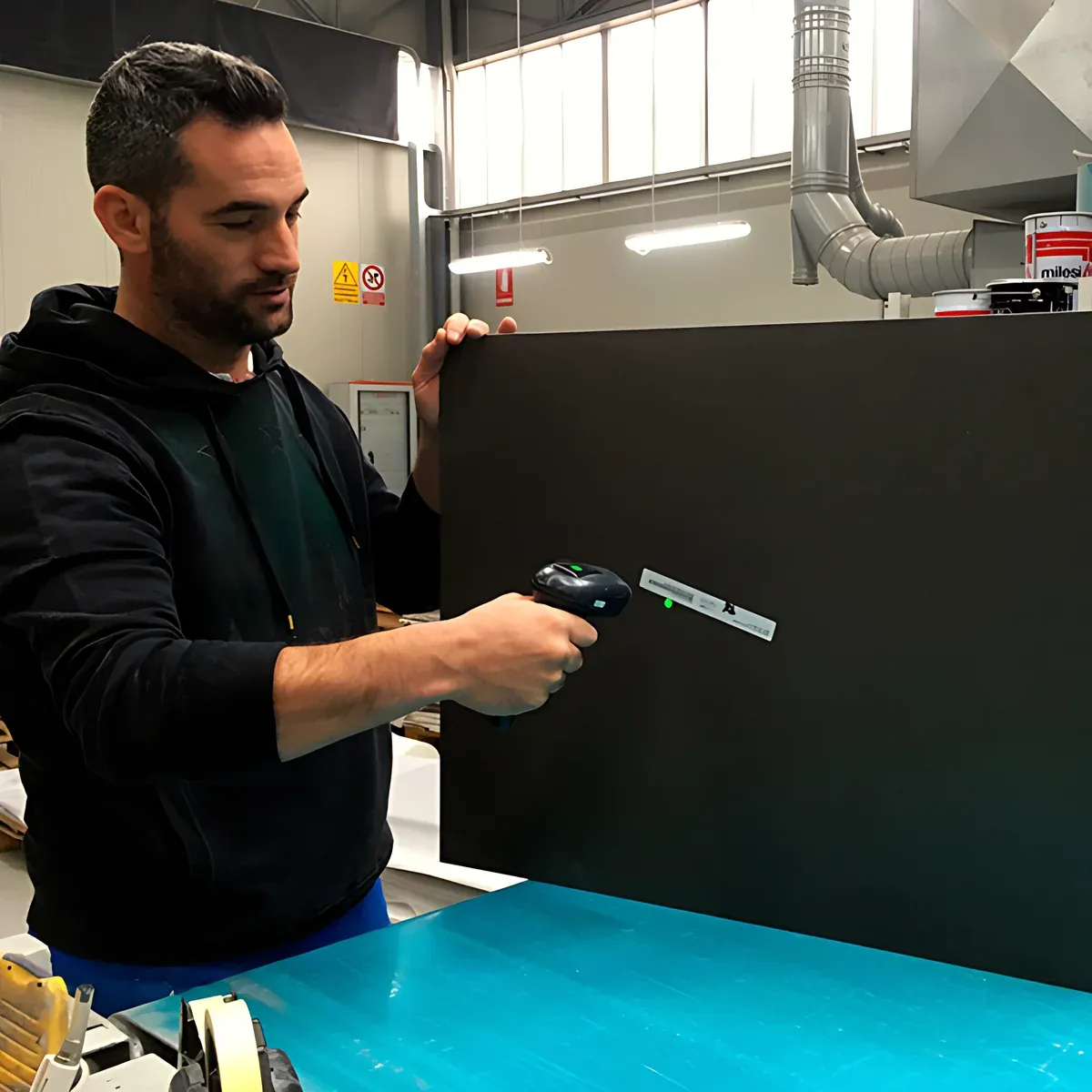 Un tecnico controlla la superficie di un'anta nera lucida