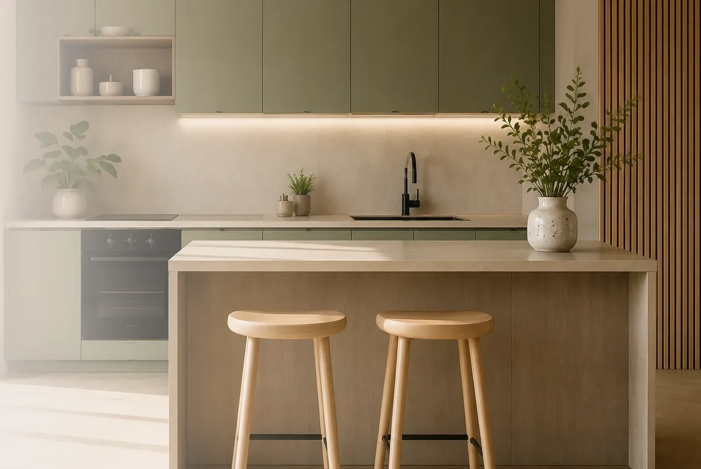 Cucina con ante salvia e penisola con top chiaro e sgabelli in legno