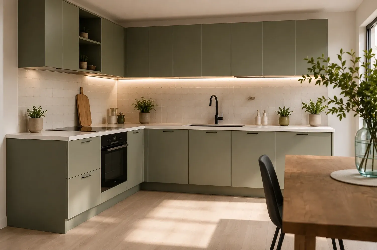 Cucina ad angolo con ante lisce laccate verde salvia e top chiaro