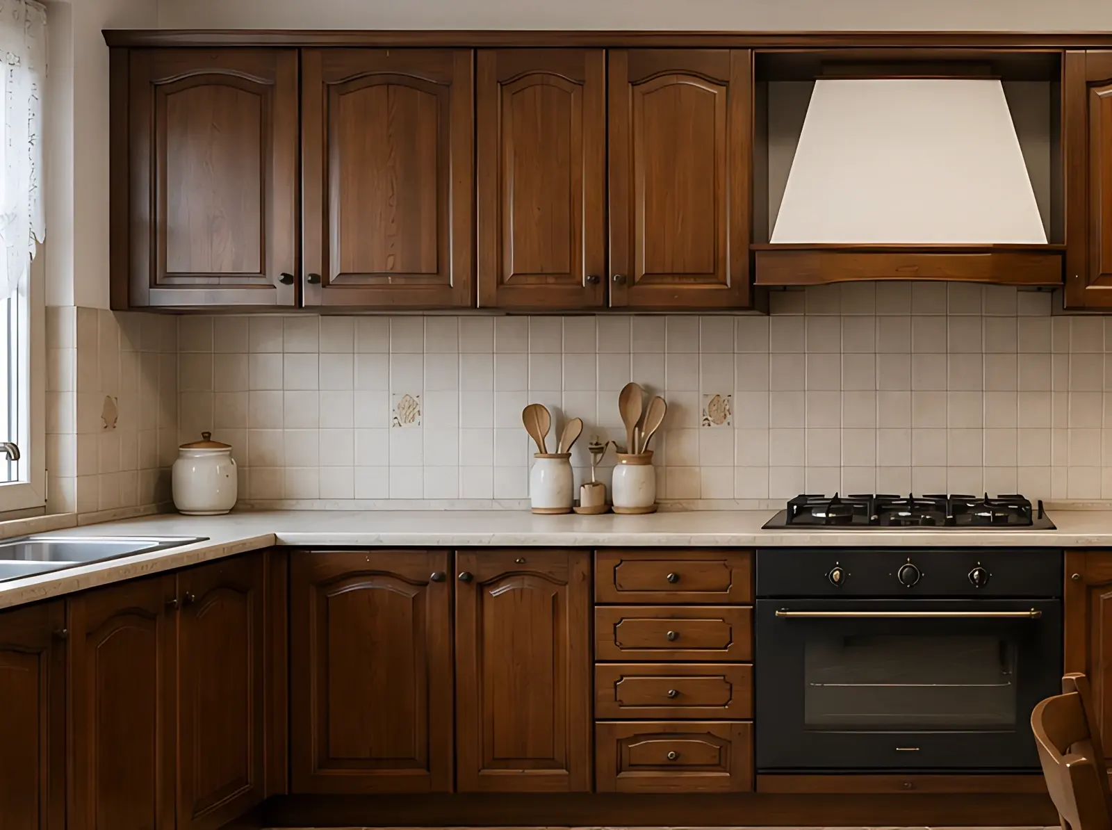 Prima: cucina con ante in legno scuro degli anni Novanta