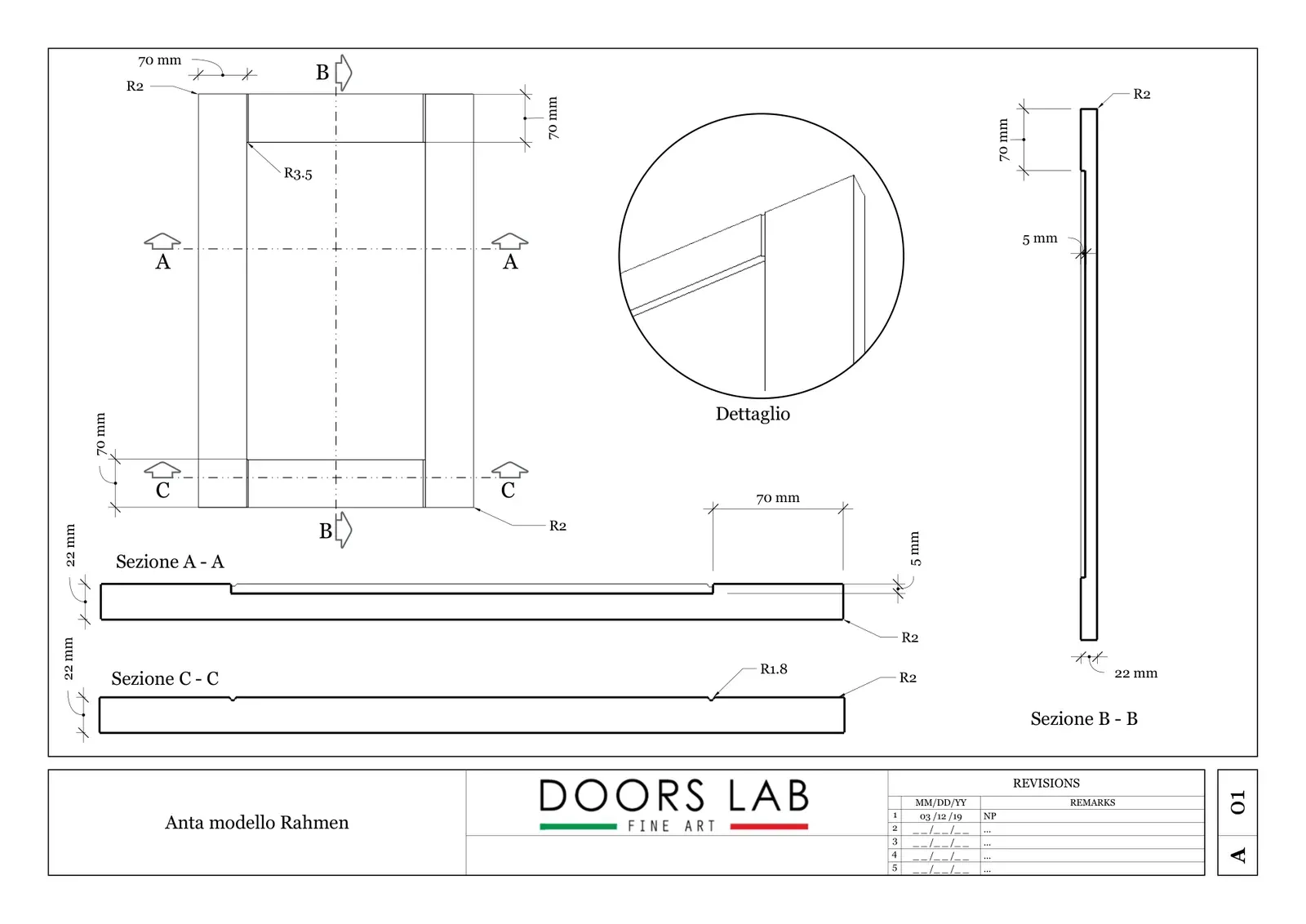 Disegno tecnico dell'anta Rahmen
