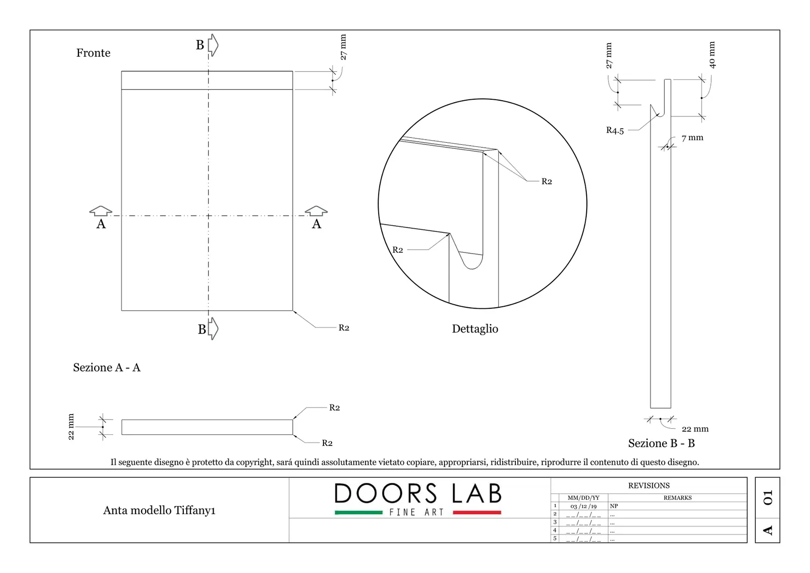 Disegno tecnico dell'anta Tiffany 1